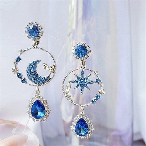 2020 Korean New Fashion Blue Star Moon Pendant Earrings Temperament Long Asymmetric Water Drop Earrings Elegant Womens Jewelry