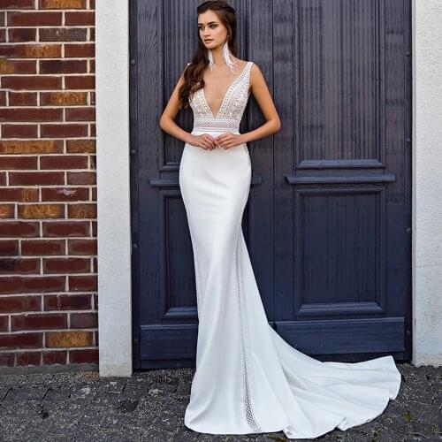 Sexy Wedding Dresses Jersey Appliques Pleat V-Neck Sleeveless Backless Mermaid Bridal Gowns Novia Do 2021 New