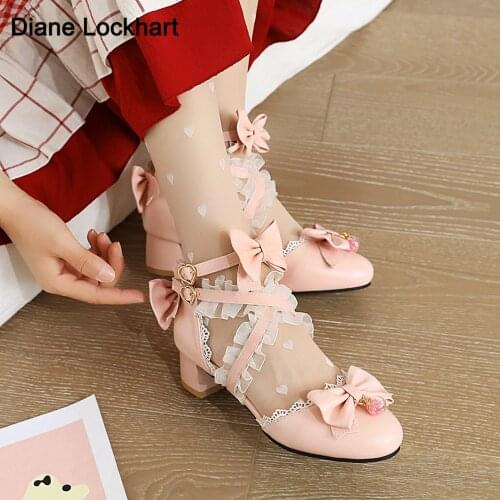 Sweet Japanese Lolita Princess Dace Shoes Girls Cute Bow Lolita Shoes Round Head White Pink College Women Pumps Pink White Black
