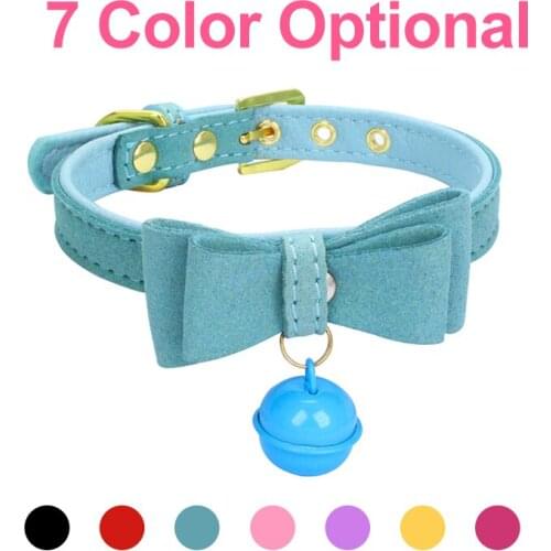 Dumb Face Pet Dog Cat Collars Suede And PU Fabric Personalized Dogs Collar Leather Bell Bowknot Soft Comfortable Cat Neck Strap