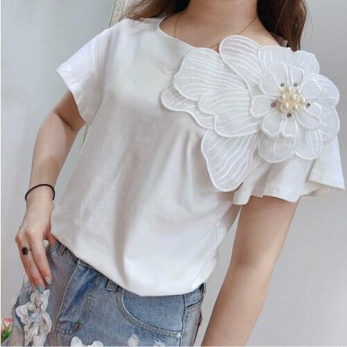 TVVOVVIN 2020 Summer Sweet Style Women Loose Feminina Solid Color Short Sleeve White Women T-shirt 3d Flower Pearl Cotton B507