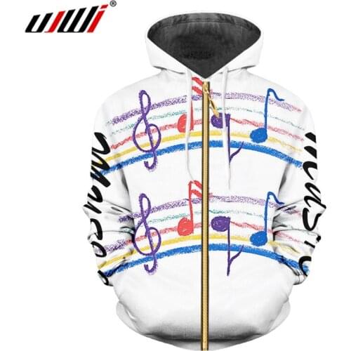 UJWI 3D Printed Colored Musical Note Man Zip Hoodies Lovely Big Size Mens Zipper Sweatshirt Suppliers Best Selling Clothing