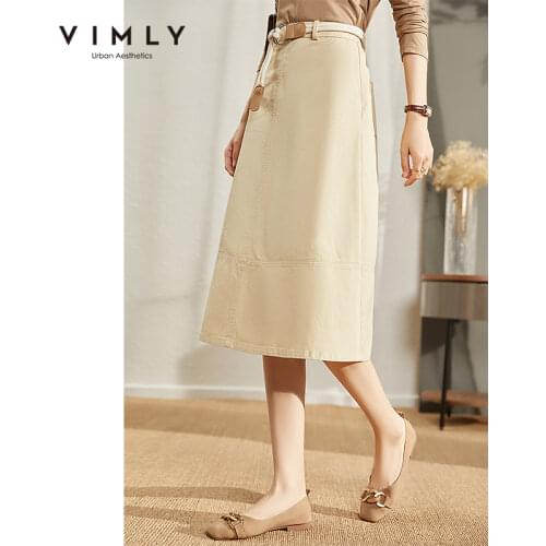 VIMLY Women Cotton Skirt 2021 Spring Autumn Solid Casual Elegant Pocket Elastic High Waist A-Line Midi Skirts Faldas F8098