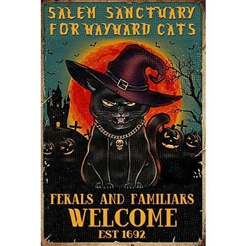 Salem Sanctuary for Wayward Cats Cat Halloween Tin Sign Cafe Bar Home Wall Art Decoration Retro Metal Tin Sign 20.32 x 30.48 cm