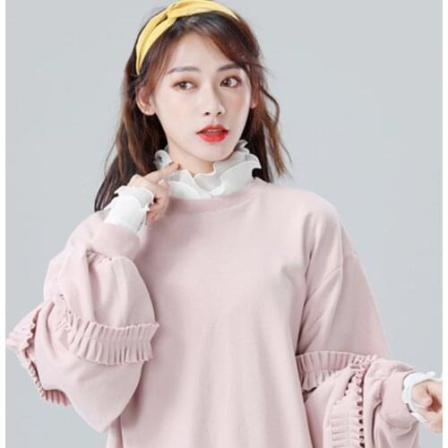 Women 2Pcs Ruffled Stand False Collar Half Shirt with Fake Cuffs Wristband Set