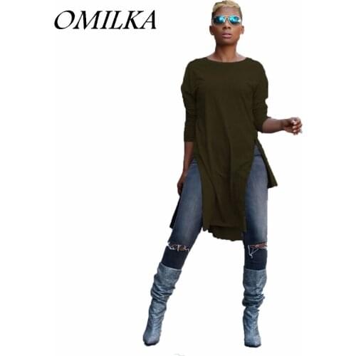 OMILKA 2017 Autumn Winter Women Long Sleeve O Neck Side Split T Shirt Casual Loose Black Gray Green Red Streetwear Tops Tees