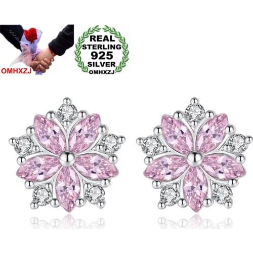 OMHXZJ Wholesale Personality Fashion Sweet Woman Girl Gift White & Pink Sakura Zircon 925 Sterling Silver Stud Earrings YS465