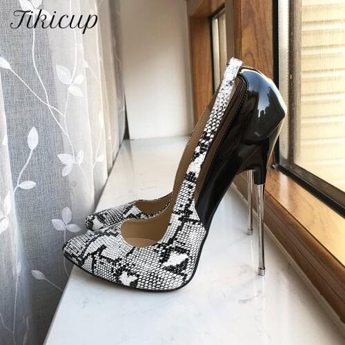 Tikicup Snake Pattern Women Patchwork 16cm Extremely High Heels Plus Size 35-46 Pointed Toe Metal Stilettos Crossdressing Shoes