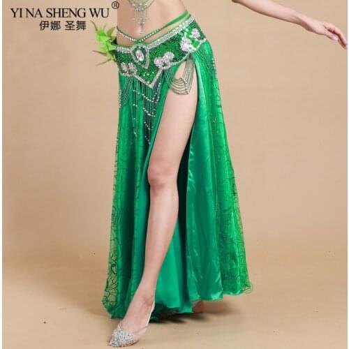 New Women Belly Dance Costume Long Split Skirt Adult Sequin Skirt For Oriental Dance Performance Stage Dancer Wear NO Belt