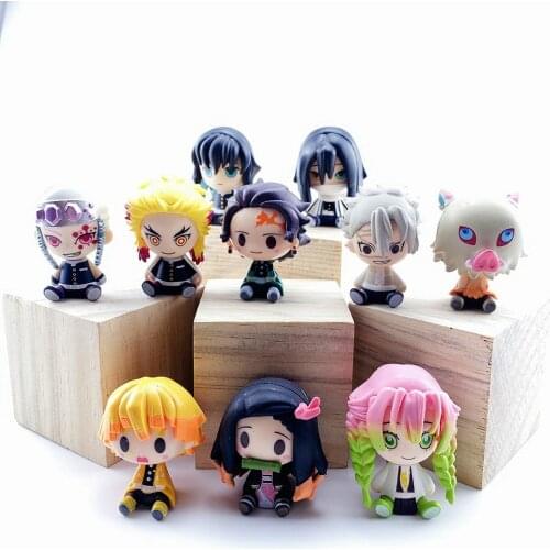 10pcs/set Q Version Demon Slayer Sitting Ghost Doll Tanjiro Nidouzi Inosuke Zenizu Figure Action Figure Movie Model Dolls