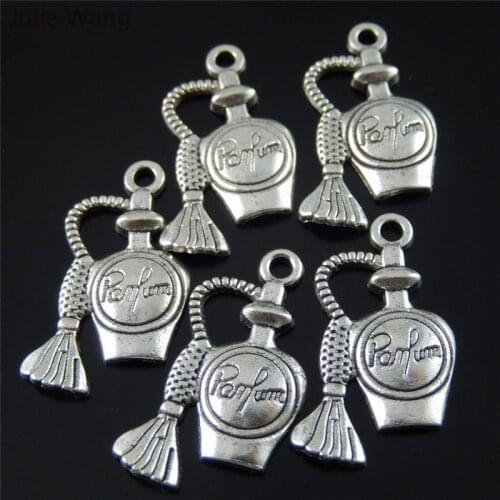 Julie Wang 10PCS Perfume Bottle Shape Charms Vintage Anqitue Silver Color Creative Bracelet Pendant Jewelry Making Accessory