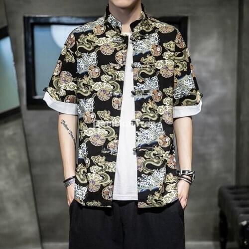 2021 chinese style hanfu t shirt mens half sleeve linen tee tops cotton loose blouse traditional tang suit kung fu shirt