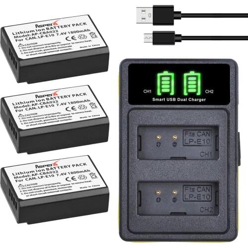 3Pcs 1800mAh LP-E10 LP E10 LPE10 Batteries + LED Dual Bulit-in USB Charger for Canon EOS 1100D 1200D 4000D Kiss X50 X70