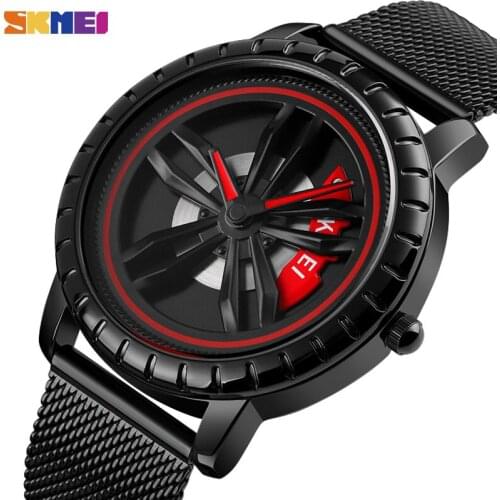 Hollow Rotation Dial Design SKMEI Fashion Brand Mens Watches Quartz Watch For Men Business Stainless Steel Band&Mesh