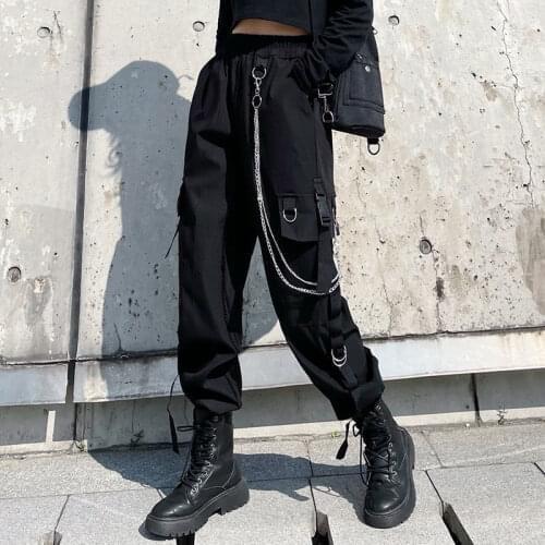 Black Capris Baggy Harajuku Oversize Trousers Hip Hop Black Punk Cargo Pants Women Joggers Hippie Chain Pockets Plus Size Loose
