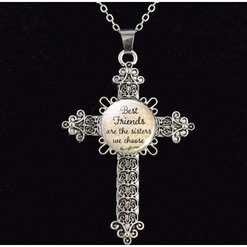 Friendship Cross Necklace Quote Best Friends Are the Sisters We Choose Glass Cabochon Cross Pendant Sisters Jewelry