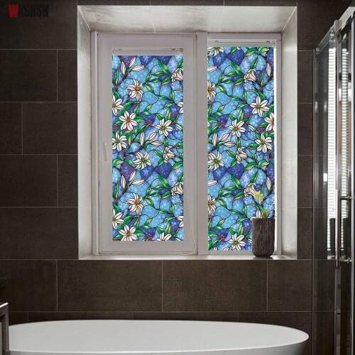 Custom Size Blue Lily Privacy Window Film Vinyl No Glue Static Cling Stained Frosted Glass Decorative Window Film Window Sticker