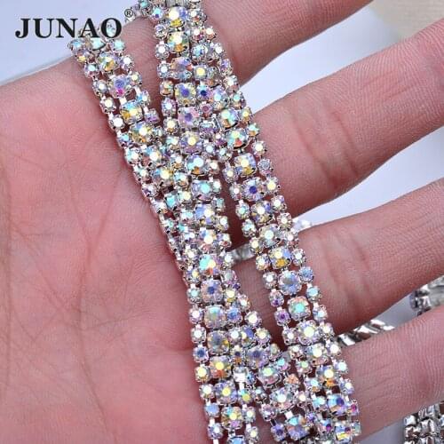 JUNAO 1 Yard SS8+SS16+SS8 Crystal AB Glass Rhinestone Cup Chain Sew On Metal Chain Strass Trimming for Garment Accessories