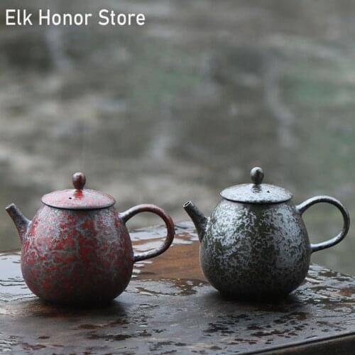 220ml Retro Green Rust Glaze Ceramic Teapot Handmade Kiln Fambe Coarse Pottery Teakettle Kung Fu Tea Master Pots Gift Packaging