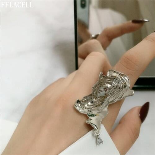 2020 New Korea Punk Big Metal Silver Color Mermaid Water Ripple Open Finger Ring Adjustable for Women Girls Party Jewelry