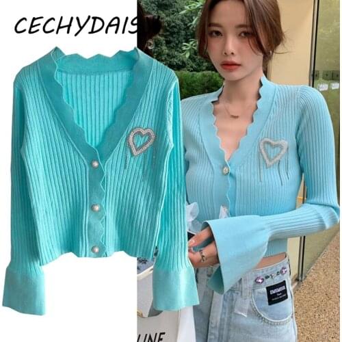 Korean Fashion Sweater Cardigans Women Clothes 2021 Autumn Winter Beading Elegant Long Sleeve Vintage Knitted Tops Pull Femme Za