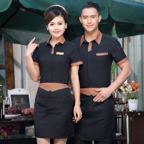 Chinese Waiter Uniforms Hotel Waiter Clothes Summer Waiter Tops Men and Women Hotel Work Service Wear Shirt Uniform with Apron 9