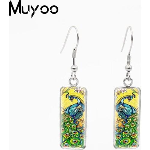 New Arrival Vintage Painting Peacock Cartoon Patterns Rectangle Dangles Handcraft Jewelry Fish Hook Earrings
