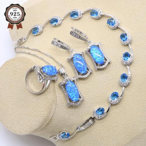 Dubai Silver Color Blue Opal Bridal Jewelry Sets Rings Earrings Bracelets Pendant Wedding Necklace For Women