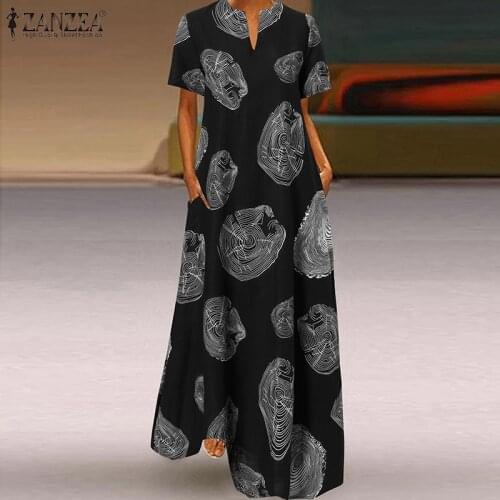 Summer Sundress ZANZEA Women Short Sleeve Vintage Floral Party Dress Casual V Neck Printed Loose Long Vestidos Robe Femme 2021