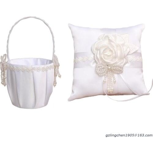 P8DE Wedding Flower Girl Baskets Vintage Satin Pillows Basket for Wedding Party Wedding Ceremony Decorations Classic Style