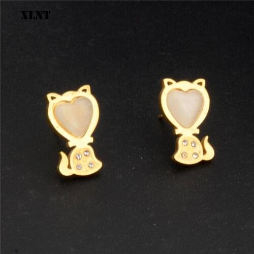 XLNT High Quality Stainless Steel Earring Fashion Cute Tiny Symmetry Cat Stud Earrings Gift For Women Girls Gift