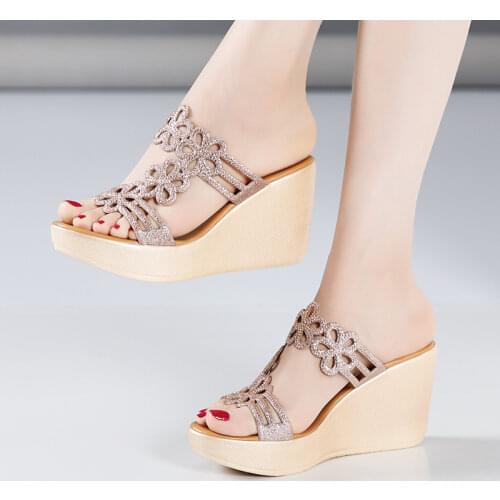 Plus Size 32-43 Platform Shoes Summer Wedges Slippers 2021 Silver Gold Rhinestone Wedding Shoes High Heels Slides Women Slipper