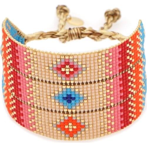 Retro Ethnic Women Bangle Jewelry Geometric Pattern Color Miyuki Rice Beads Bracelets Handmade Beaded Wide Bracelet For Woman