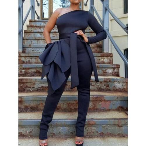 Sexy Slim Fit Jumpsuits One Shoulder Long Sleeve Overalls Belt Romper Women Africa Fashion Ruffle Bodysuit One Piece Outfits