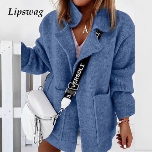 Women New Casual Solid Color Knitted Sweater Winter Autumn Long Sleeve Thick Sweaters Ladies Sexy Turn-Down Collar Cardigan Tops