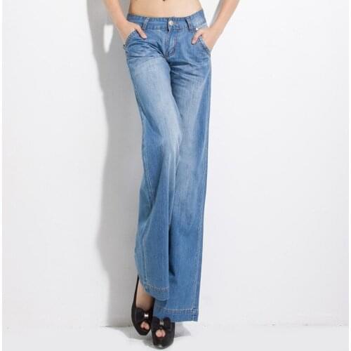 Free shipping Women Summer Thin Fabric Wide Leg Jeans plus size girls loose Denim Flare Pants Boot Cut Long Trousers