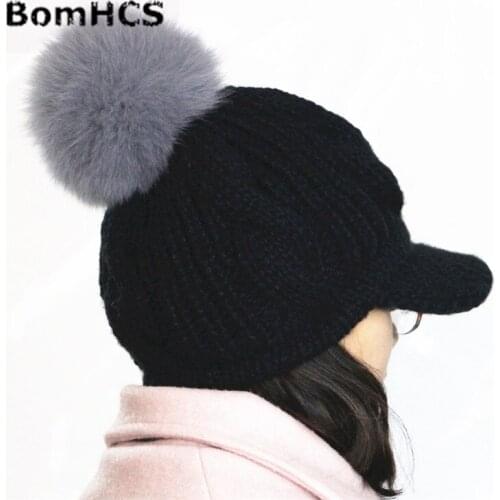BomHCS Luxurious Real Fox Fur Pompom (15cm Diameter) Handmade Knitted Beanie Winter Warm Womens Fashion Hat Caps