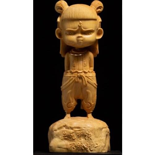 A Wood 10/12/15CM Cartoon Lovely Nezha Statue Demon Child Into The World Yellow Wood Carvings Car Crafts Living Room Decoration