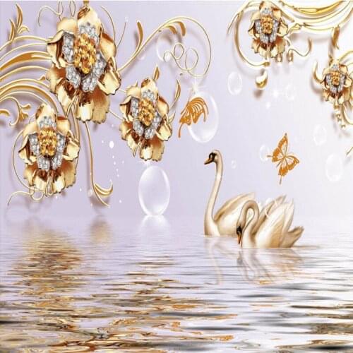 Photo wallpaper 3D luxury European silk pearl flower swan TV background wall stereo wallpaper custom lobby mural