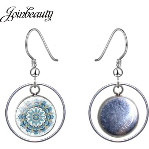 JOINBEAUTY Flower Of Life Art Abstract Picture Hollow Out Drop Earrings Girl Jewelry Round Glass Cabochon Dangle Earrings HN182