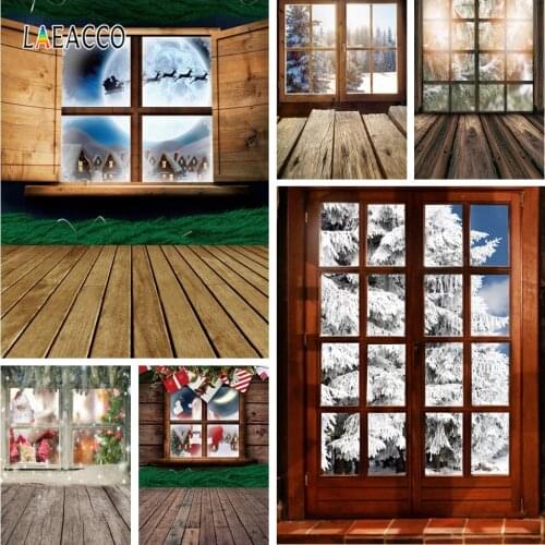Laeacco Window Landscape Snow Pine Trees Christmas Portrait Photography Backgrounds Winter Backdrops Baby Portrait Photophone