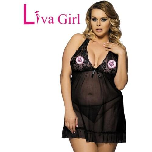 LIVA GIRL Sexy Lace Mesh Plus Size Pajamas Woman 2021 Summer Sling Deep V Underwear Nightdress Female Solid Oversize Sleepwear