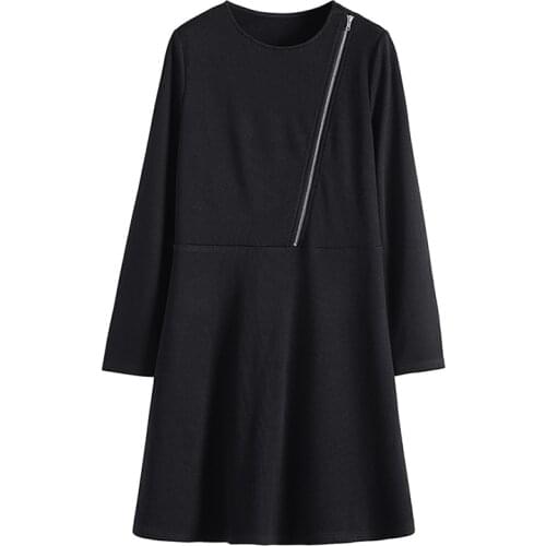 PERHAPS U Black Asymmetrical Collar Zipper Long Sleeve Empire Mini A-line Dress Female Women D2331