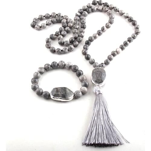 RH Fashion Jewelry Set Natural Stone Knotted Stone Link Tassel Necklace Bracelet set