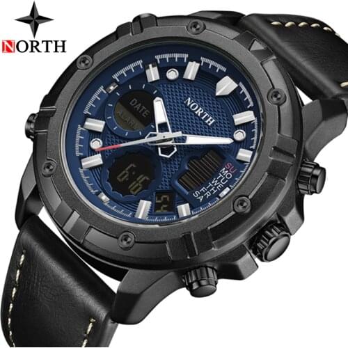 NORTH Mens Watches To Luxury Brand Men Leather Sport Watches Mens Quartz LED Digital Clock Waterproof Military Wrist Watch