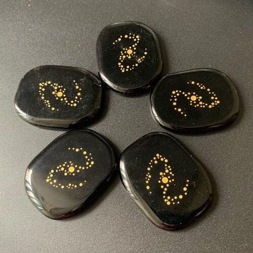 Natural Crystal Black Obsidian Palm Stone Carved Galaxy Symbol Healing Power Energy Semiprecious Stones Fengshui Decor