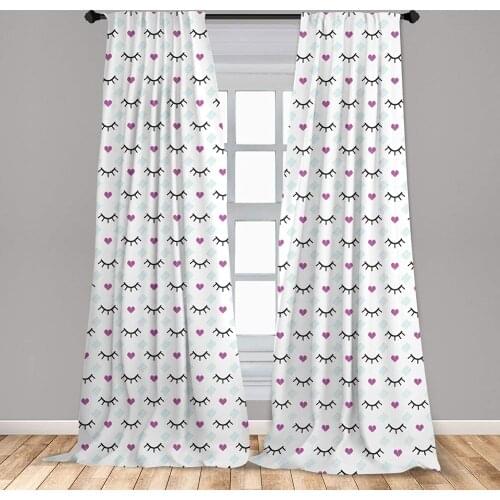 Eyelash Window Curtains Winking Eyes and Pink Hearts Romantic Cartoon Childish Lightweight Decorative