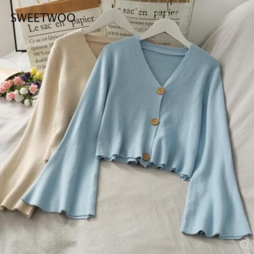 2021 Autumn Knitted Cardigan Women Button Up Sweater Tops Female Cardigans Long Flare Sleeve Women Coats Ladies Outerwear