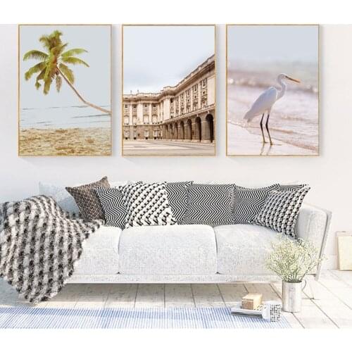Landscape Poster Beach Coconut Tree White Seagull Classical Architecture Canvas Wall Art Nordic Style Print Picture Home Decor