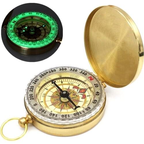 Outdoor Gold Color Portable Compass Camping Hiking Pocket Brass Copper Compass Navigation with Noctilucence Light Glow in Dark